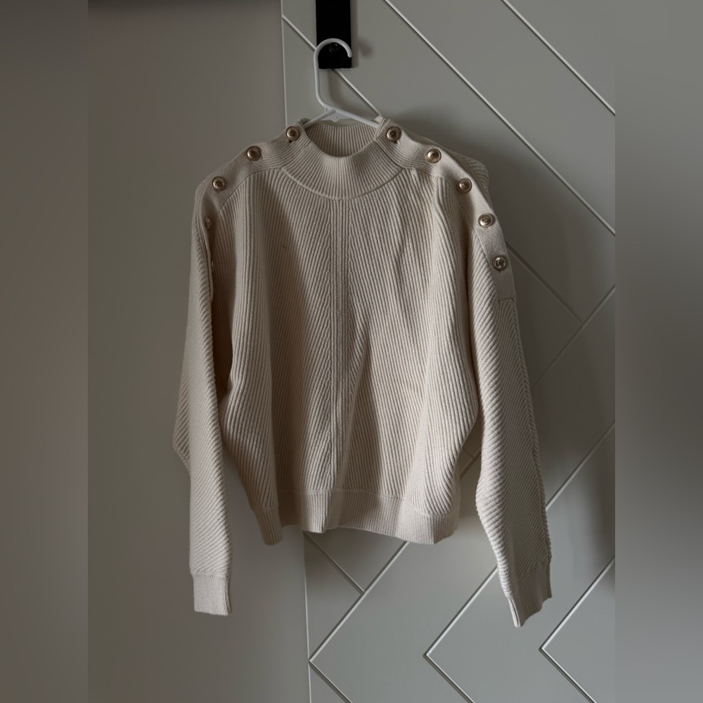 Maje Cream Turtleneck Sweater with Button Accents